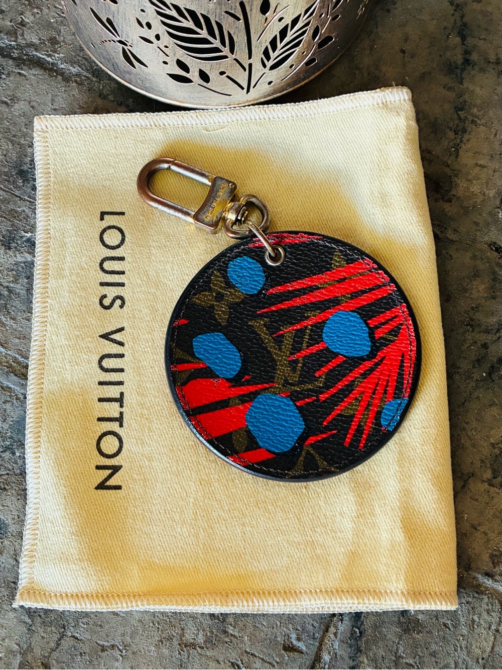 Louis Vuitton Brown Monogram Round Key Holder with Blue and Red Accents